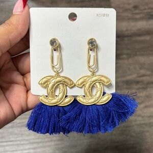 Gold and Blue Tassel Earrings